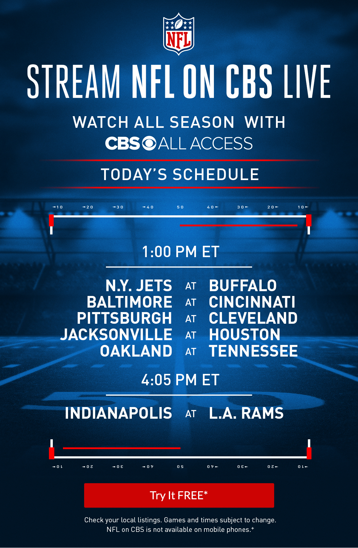 Watch the NFL LIVE on CBS All Access!*></a> </td> </tr> <tr> <td valign=
